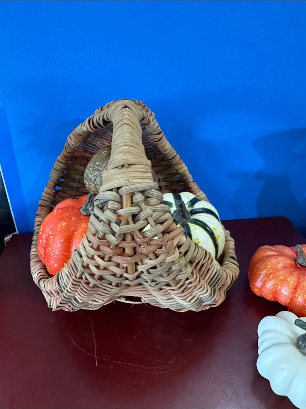 Decorative Woven Basket with Assorted Fall Pumpkins - Natural/Tan